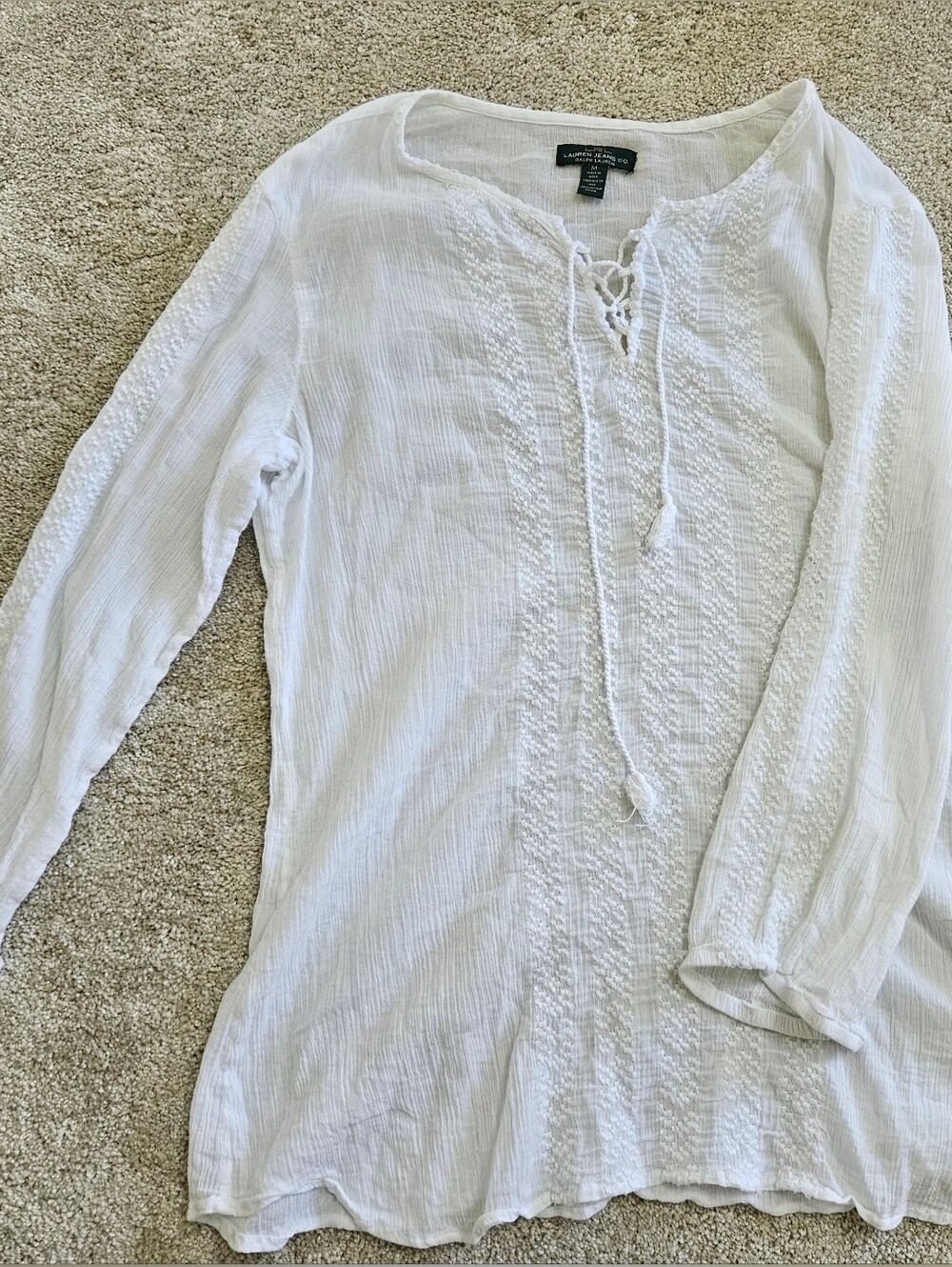 Ralph Lauren White Lace-Up Gauze Peasant Top